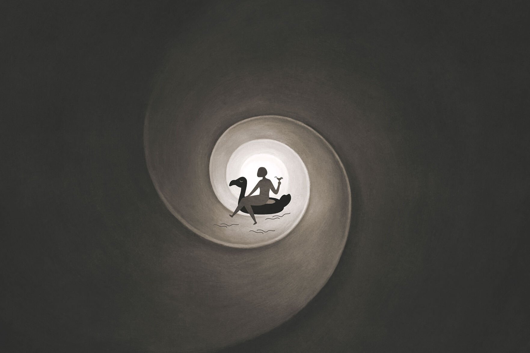 A illustration of a woman drinking a drink, sitting on a float in the middle of a tunnel